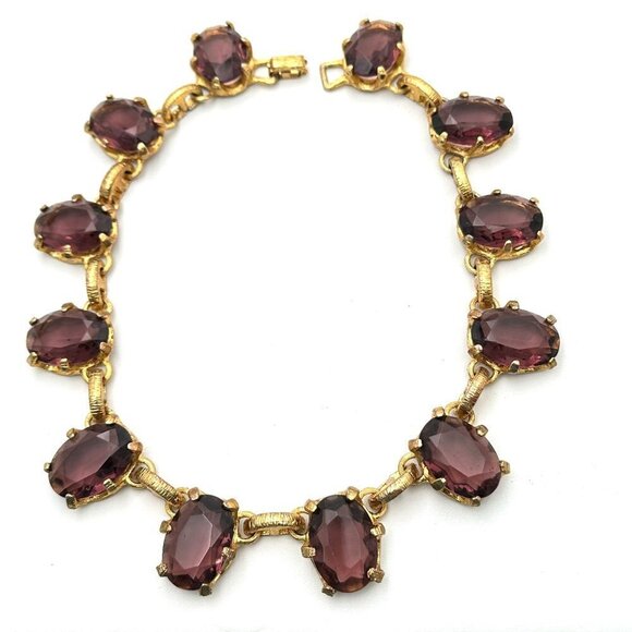 Antique Vintage Womens Necklace Purple Czech Oval Glass Cabochon 16 Inch Choker - Picture 6 of 6